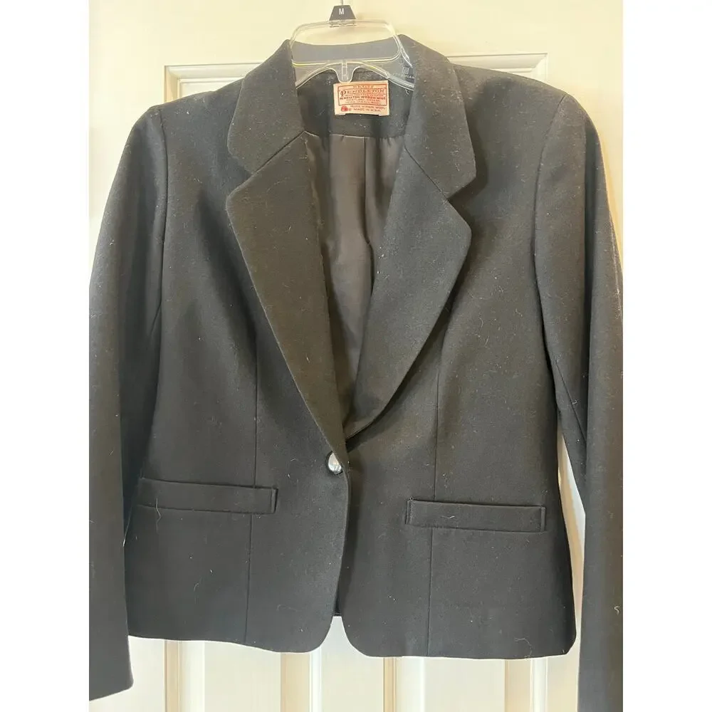 VTG Pendleton 100% Virgin Wool Black Blazer Jacket Women Petite Business Twee